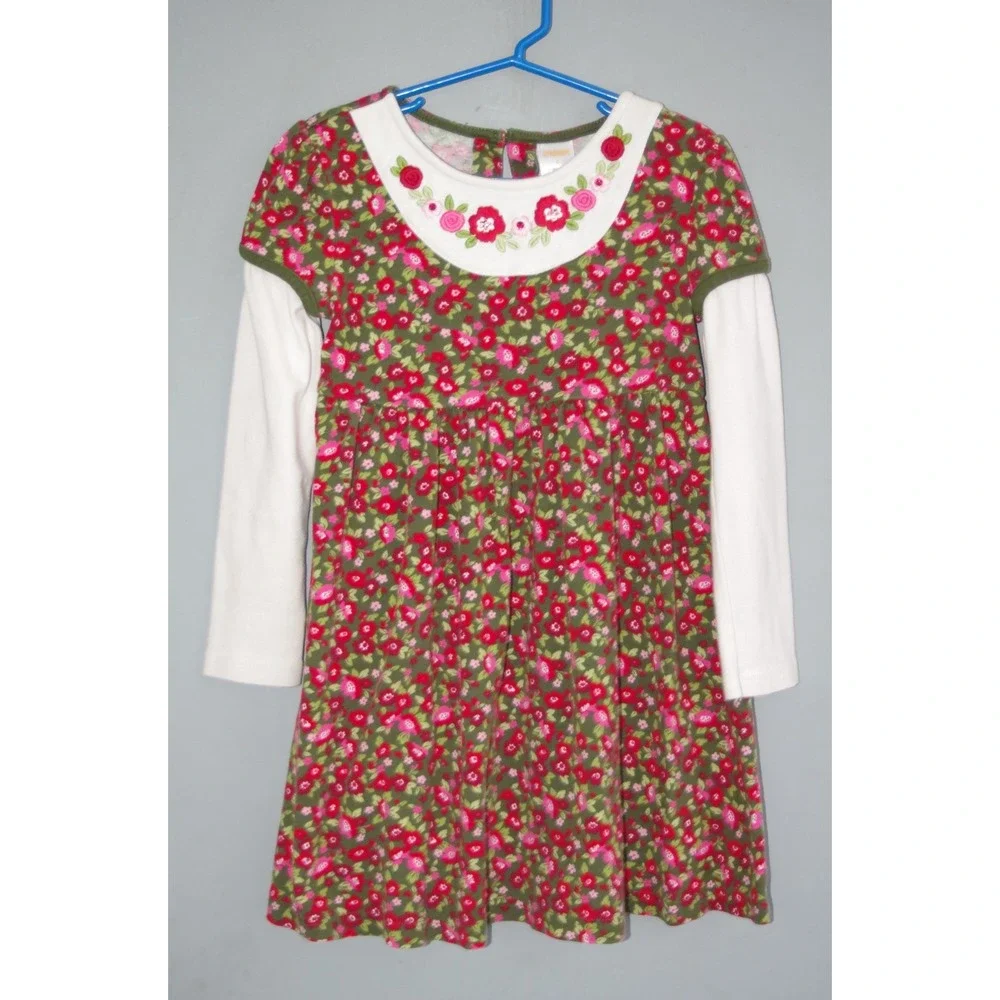 Gymboree Dress Floral AOP‎ 2011  EUC 6 Fall Winter Green Red Pink Embroidered